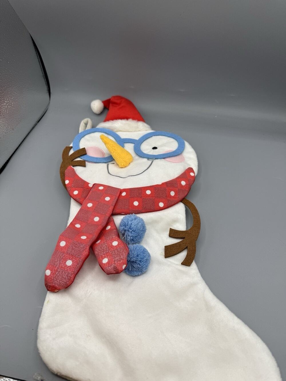 Snowman Christmas Stocking 16” Blue Glasses Santa Hat Polka Dot Scarf